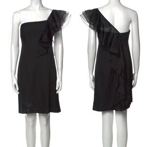 NWOT Angel Sanchez black cocktail mini dress with ruffle over the shoulder